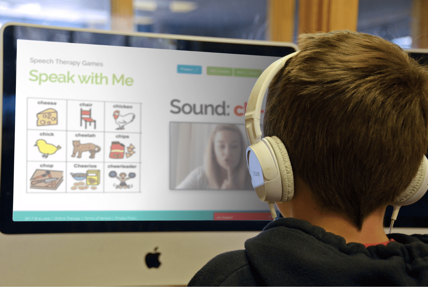 child participating in online speech therapy session