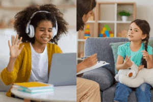 side-by-side comparison of two children receiving teletherapy and in-person therapy